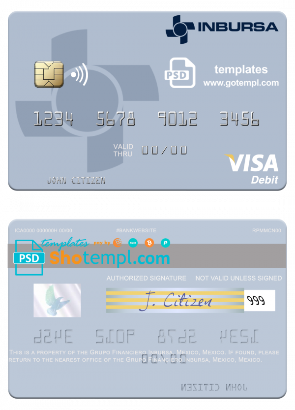 editable template, Mexico Grupo Financiero Inbursa visa debit credit card template in PSD format