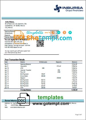 editable template, Mexico Inbursa Bank statement easy to fill template in Word and PDF format
