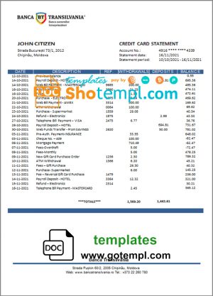 editable template, Moldova Banca Transilvania bank statement template in Word and PDF format