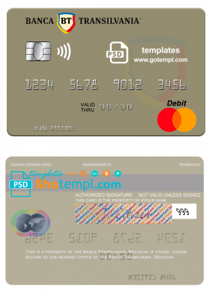 editable template, Moldova Banca Transilvania bank mastercard, fully editable template in PSD format