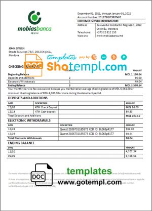 editable template, Moldova Mobiasbanca bank statement template in Word and PDF format