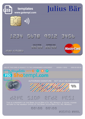 editable template, Monaco Julius Bär & Co. AG bank mastercard, fully editable template in PSD format