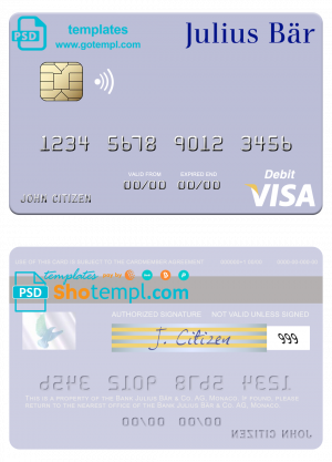 editable template, Monaco Julius Bär &amp; Co. AG bank visa debit card, fully editable template in PSD format