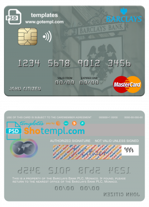editable template, Monaco Barclays Bank PLC bank mastercard, fully editable template in PSD format