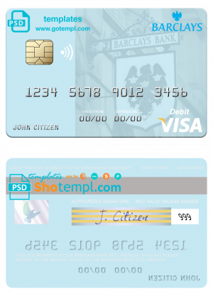 editable template, Monaco Barclays Bank PLC bank visa debit card, fully editable template in PSD format