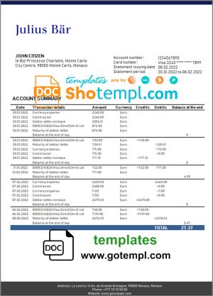 editable template, Monaco Julius Bar bank statement easy to fill template in Word and PDF format