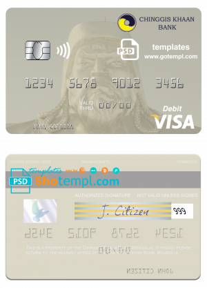 editable template, Mongolia Chinggis Khaan bank visa debit card, fully editable template in PSD format