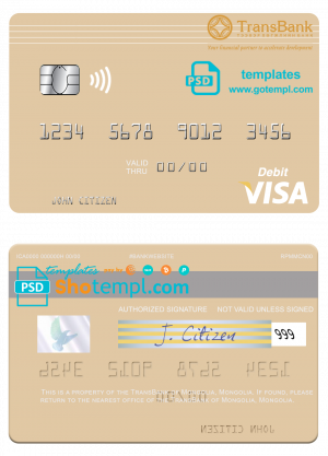 editable template, Mongolia TransBank of Mongolia bank visa debit card, fully editable template in PSD format