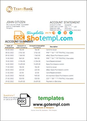 editable template, Mongolia Transbank bank statement template in Word and PDF format