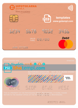 editable template, Montenegro Hipotekarna bank mastercard, fully editable template in PSD format