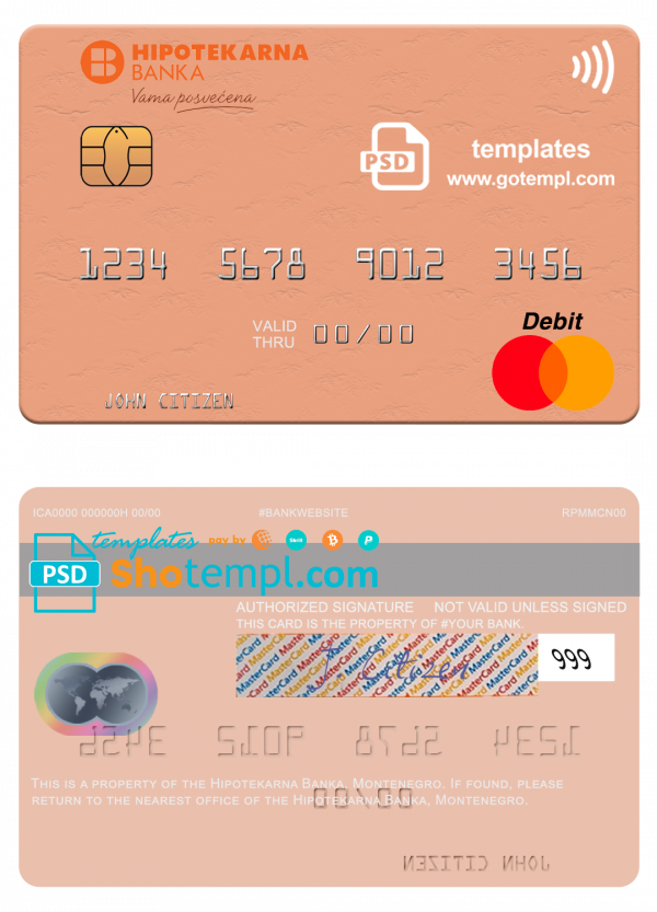 editable template, Montenegro Hipotekarna bank mastercard, fully editable template in PSD format