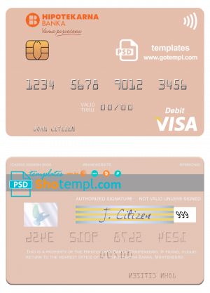 editable template, Montenegro Hipotekarna bank visa debit card, fully editable template in PSD format