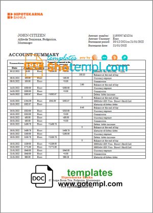 editable template, Montenegro Hipotekarna bank statement template, Word and PDF format (.doc and .pdf)