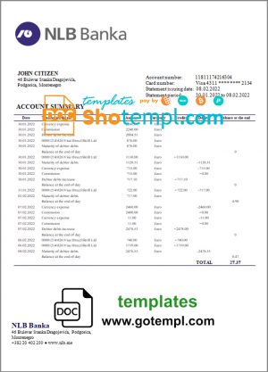editable template, Montenegro NLB bank statement template, Word and PDF format (.doc and .pdf)