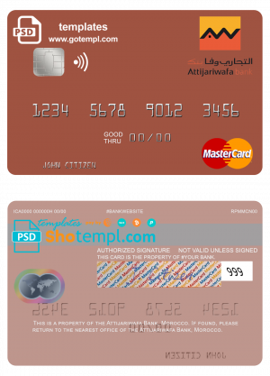 editable template, Morocco Attijariwafa bank mastercard, fully editable template in PSD format