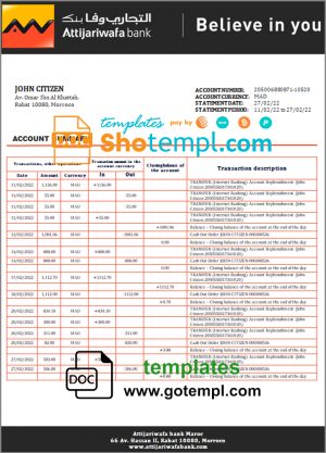 editable template, Morocco Attijariwafa bank statement template in Word and PDF format, good for address prove