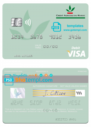 editable template, Morocco Crédit Agricole du Maroc bank visa debit card, fully editable template in PSD format