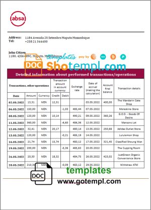 editable template, Mozambique ABSA bank statement template in Word and PDF format