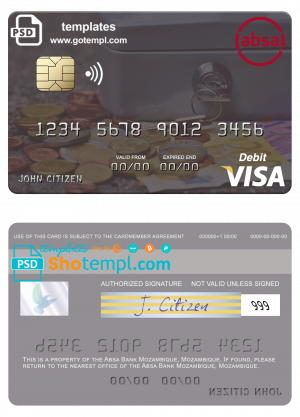 editable template, Mozambique Absa Bank Mozambique visa debit card, fully editable template in PSD format