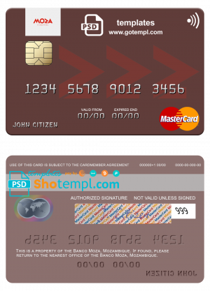 editable template, Mozambique Banco Moza mastercard, fully editable template in PSD format