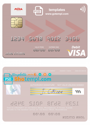 editable template, Mozambique Banco Moza visa debit card, fully editable template in PSD format