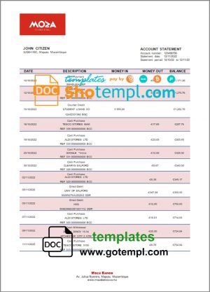editable template, Mozambique Moza bank statement template in Word and PDF format