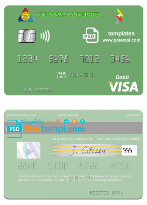 editable template, Myanmar Innwa Bank Limited visa debit card, fully editable template in PSD format