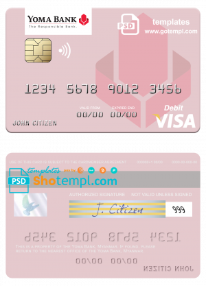 plantilla editable, tarjeta de débito visa de Myanmar Yoma Bank Limited, plantilla totalmente editable en formato PSD