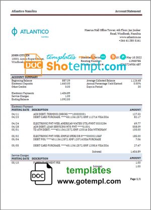 editable template, Namibia Atlantico bank statement template in Word and PDF format