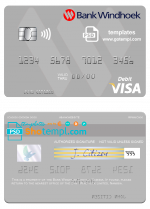 editable template, Namibia Bank Windhoek Limited visa debit card, fully editable template in PSD format