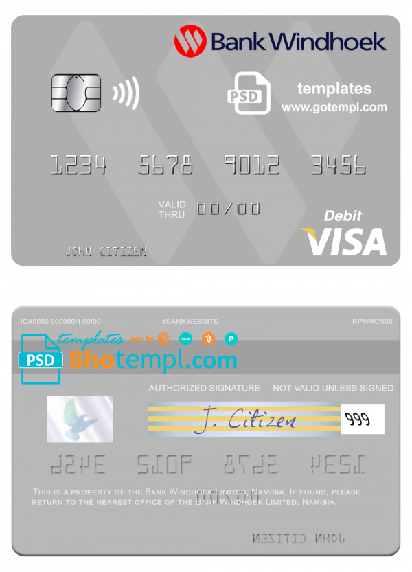 editable template, Namibia Bank Windhoek Limited visa debit card, fully editable template in PSD format