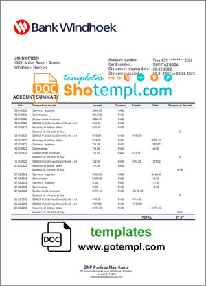 editable template, Namibia Bank Windhoek bank statement template in Word and PDF format