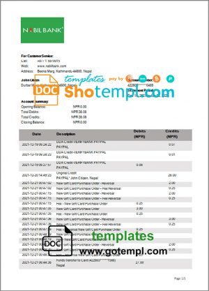 editable template, Nepal Nabil Bank bank statement template in Word and PDF format