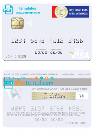 editable template, Nepal Rastriya Banijya Bank (RBB) visa debit card, fully editable template in PSD format
