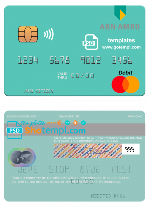 editable template, Netherlands ABN AMRO Bank mastercard credit card template in PSD format
