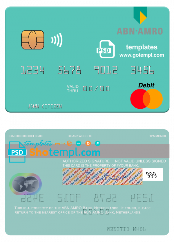 editable template, Netherlands ABN AMRO Bank mastercard credit card template in PSD format