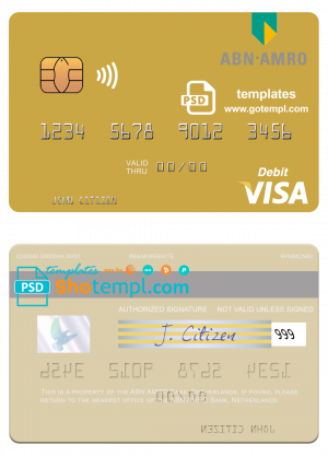 editable template, Netherlands ABN AMRO Bank visa debit card template in PSD format
