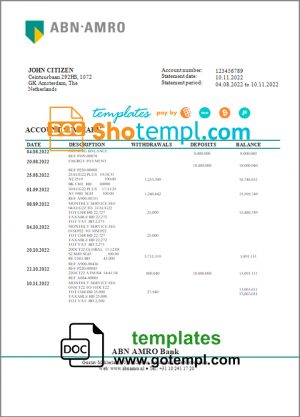 editable template, Netherlands ABN AMRO bank statement template in Word and PDF format