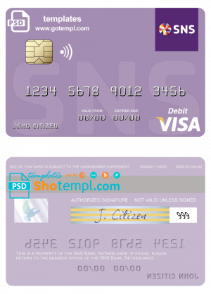 editable template, Netherlands SNS Bank visa debit card template in PSD format