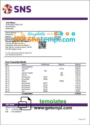 editable template, Netherlands SNS bank statement template in Word and PDF format