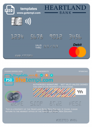 editable template, New Zealand Heartland Bank mastercard credit card template in PSD format
