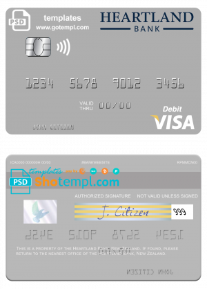 editable template, New Zealand Heartland Bank visa debit card template in PSD format