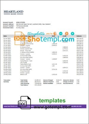 editable template, New Zealand Heartland bank statement template in Word and PDF format