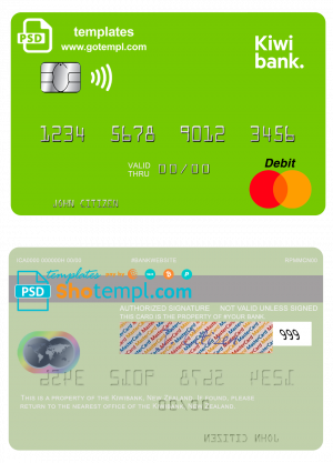 editable template, New Zealand Kiwibank mastercard credit card template in PSD format