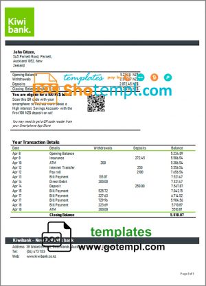 editable template, New Zealand Kiwibank bank statement template in Word and PDF format