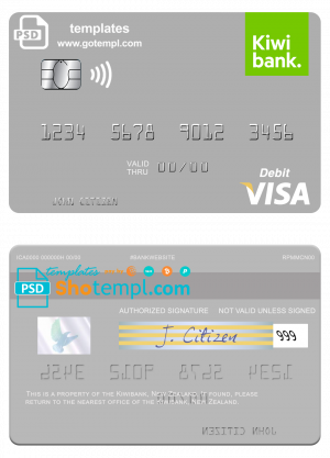 editable template, New Zealand Kiwibank visa debit card template in PSD format
