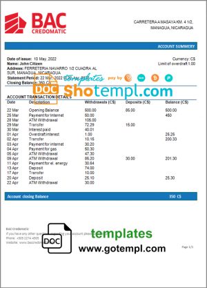 editable template, Nicaragua BAC Credomatic bank statement template in Word and PDF format