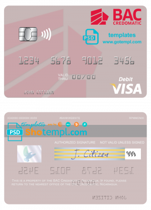 editable template, Nicaragua BAC Credomatic visa debit card template in PSD format