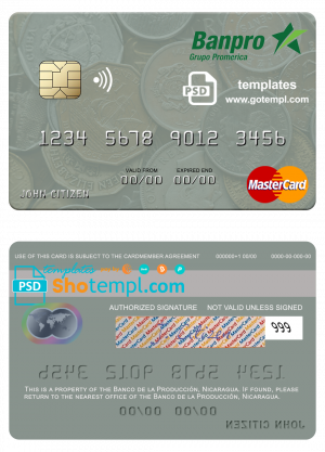 editable template, Nicaragua Banco de la Producción mastercard credit card template in PSD format