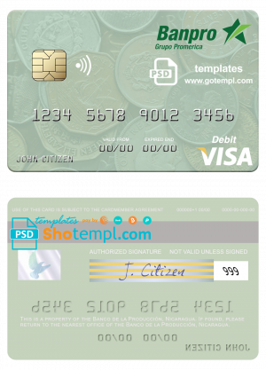 editable template, Nicaragua Banco de la Producción visa debit card template in PSD format